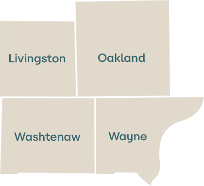 Image of a map; KPM services Livingston, Oakland, Wayne, and Washtenaw counties of Michigan.
